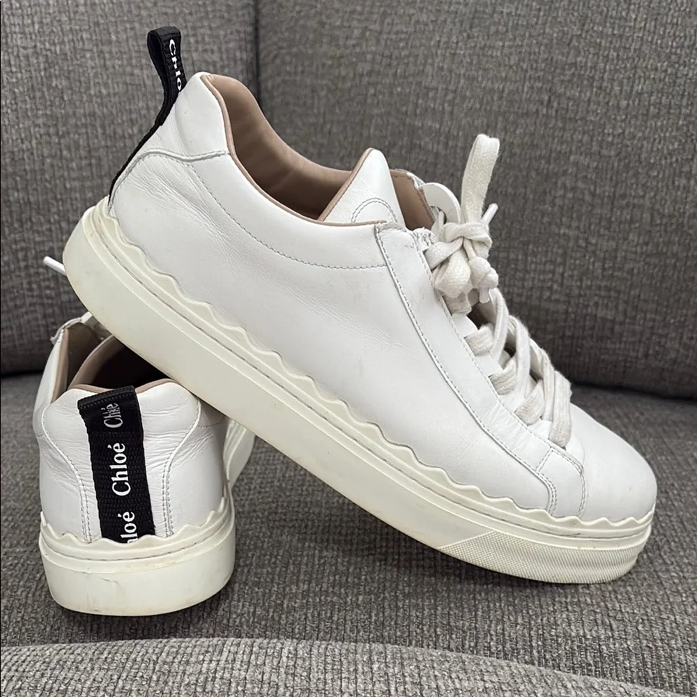 Chloe Scalloped Leather White Sneakers with Textured Upper and Thick Sole - Picture 11 of 16